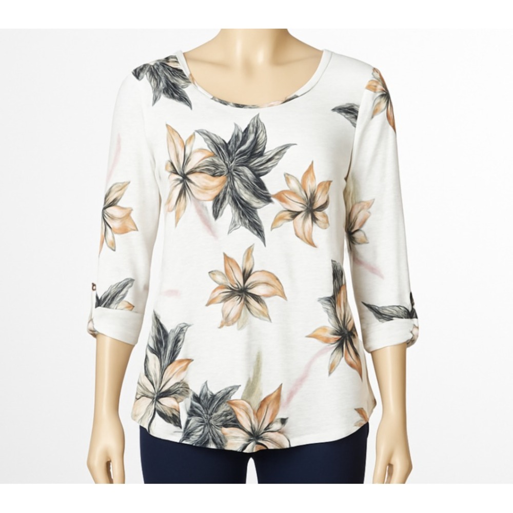 Chicos Shirt Women Floral Print Cotton Blend White Black Pink Floral Medium